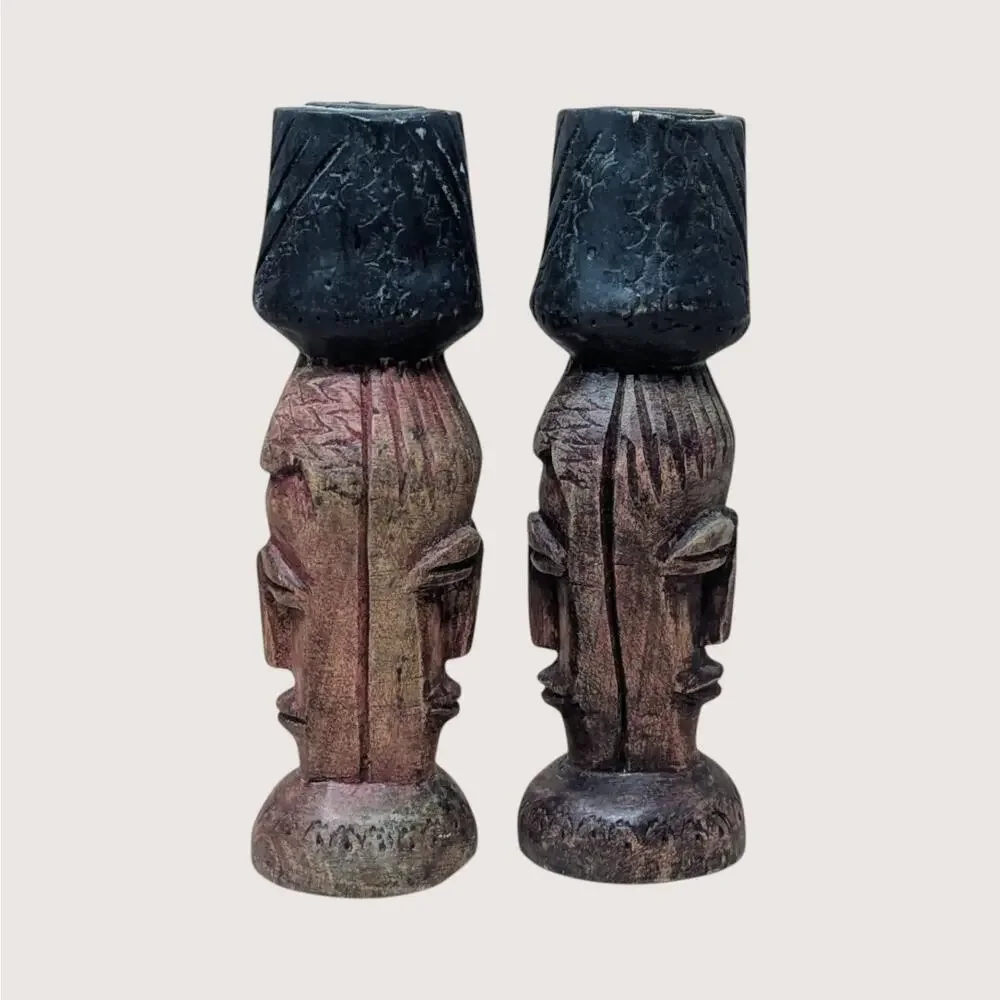Vintage Hand Carved Wooden Figural Candle Holder Pair